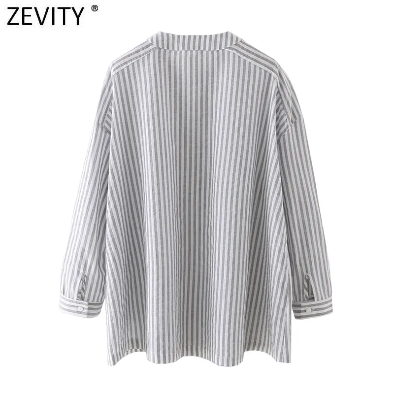 Kvinnor Vintage Stand Collar Striped Print Shirt Kvinna Dubbelfickor Patch Casual Business Blus Chic Blusas Tops LS9152 210420