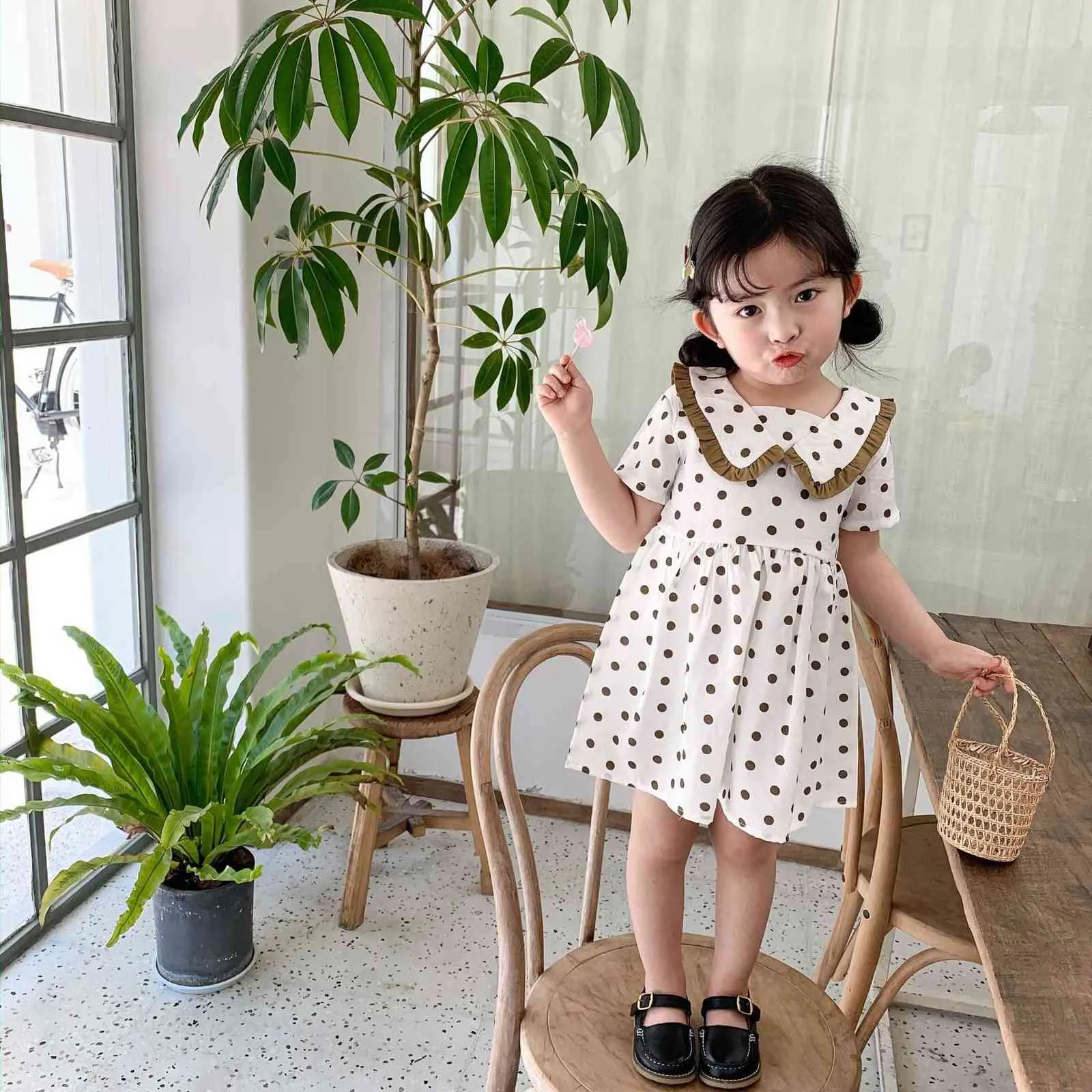 Korean style dot printed cute Lotus leaf collar short sleeve dress little princess casual dresses clothes 210708