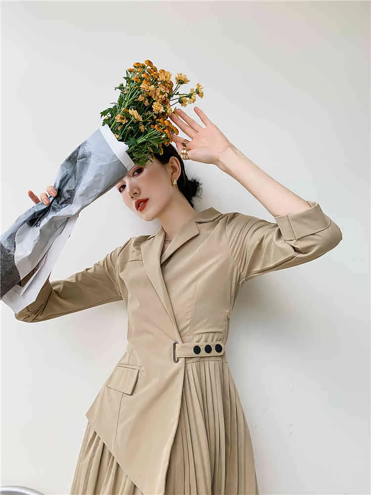 Automne Designer Longue Plissée Blazer Robe Femmes Patchwork Revers Tunique Kaki Trimestre Manches Dames Coréenne 210427