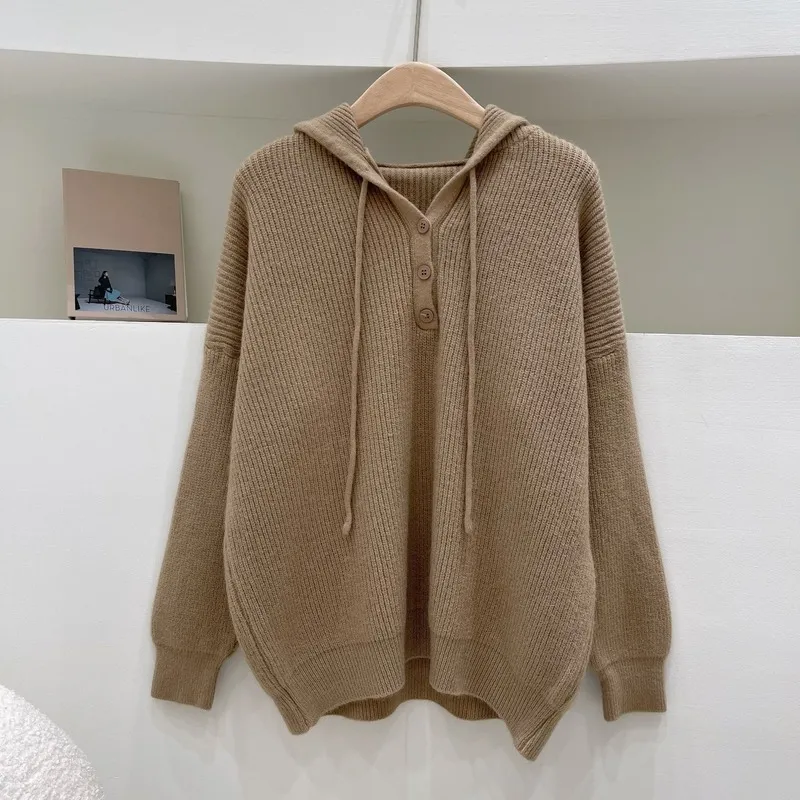 Ebaihui retro koreanska pullover tröjor kvinnor lösa blå hooded pullovers v-neck långärmad casual damer stickade toppar