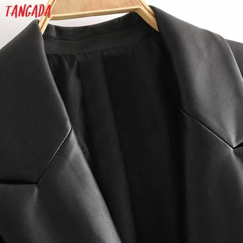 Tangada femmes noir Faux cuir Blazer manteau Vintage col cranté à manches longues mode femme ample Chic hauts QN37 211006