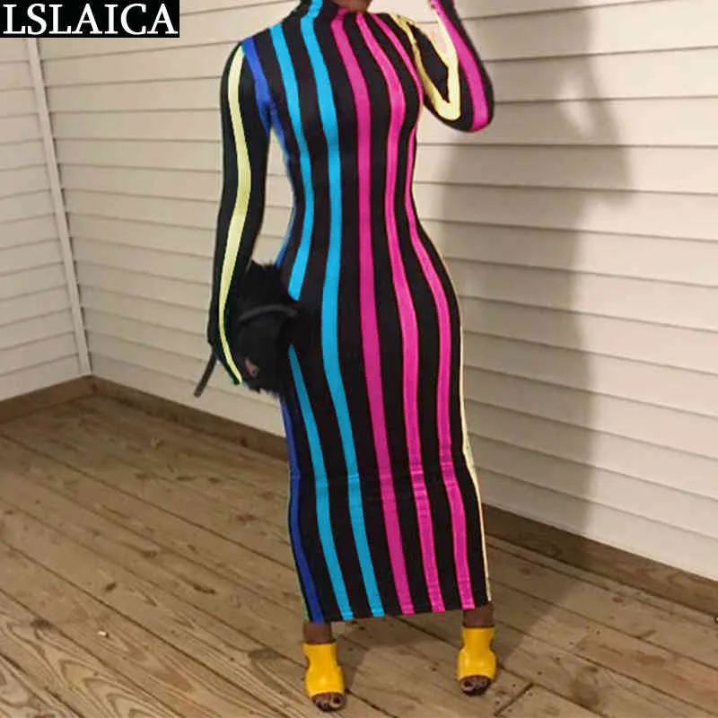 Turtleneck Kolorowe Paski Maxi Dress Kobiety Jesień Moda Z Długim Rękawem Wysoka Talia Skinny Streetwear Seksowny Klub 210520