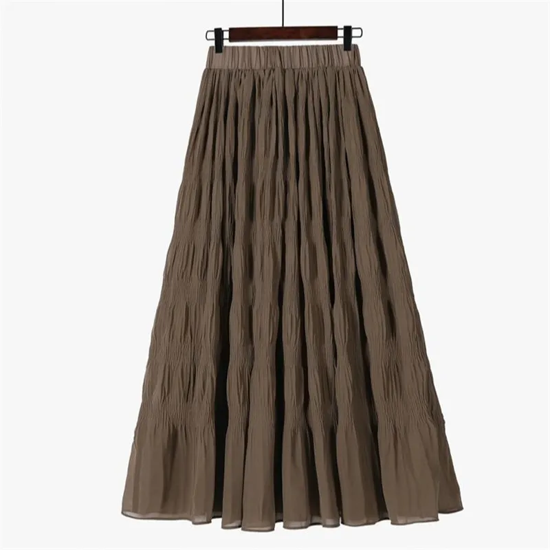 Plus Size Black Long Skirt Mulheres Esticar Cintura Alta Cintura Chiffon Chiffon A-Line Saia Casual Plissado Midi Saia Faldas Saias Streetwear 210412