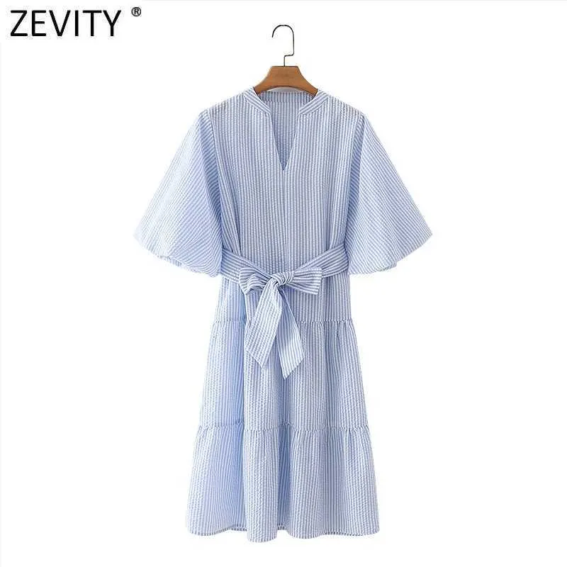 ZEVITY Kadınlar Vintage V Boyun Çizgili Baskı Papyon Kanatlar Dökme Elbise Kadın Puf Kol Şık İş Parti Vestido DS5057 210603