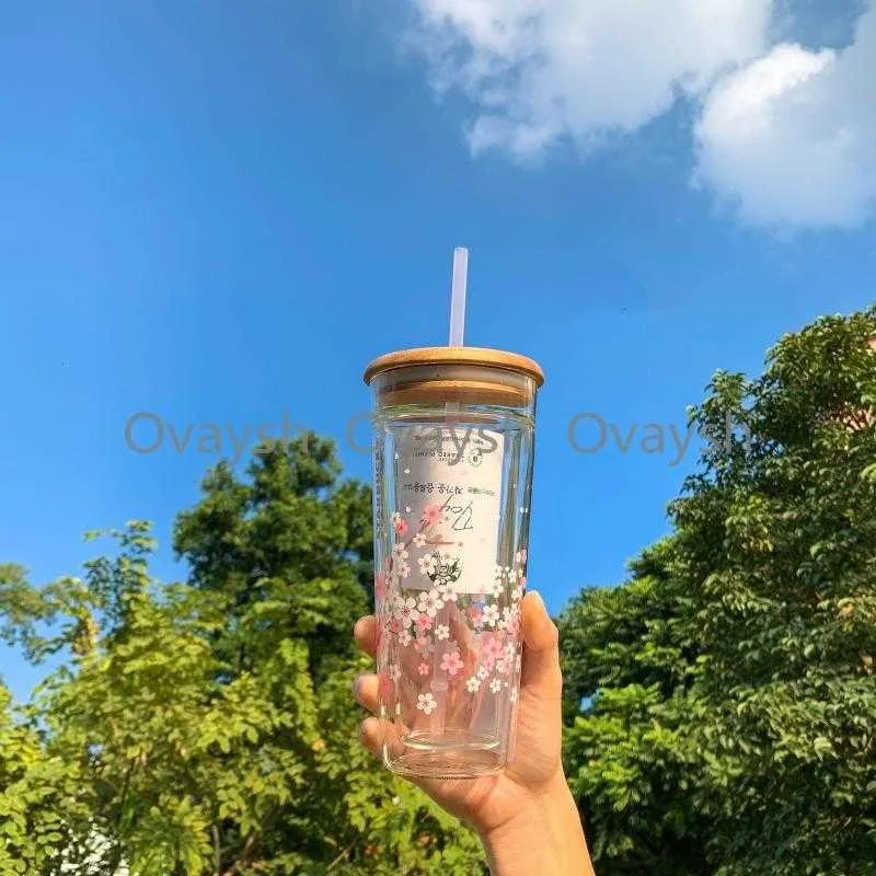 Japansk stil Starbucks Sakura Träblockare täcker glas halmkopp 591 ml körsbärsblomma dubbellager kaffey80yy80y172e