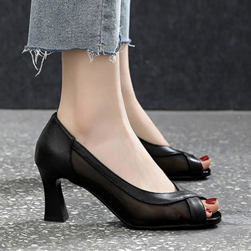 Zapatos de tacón alto de malla con punta abierta para mujer, zapatos de vestir, Sandalias de tacón sexis negras, zapatos náuticos para mujer, Sandalias para mujer de otoño 9276N