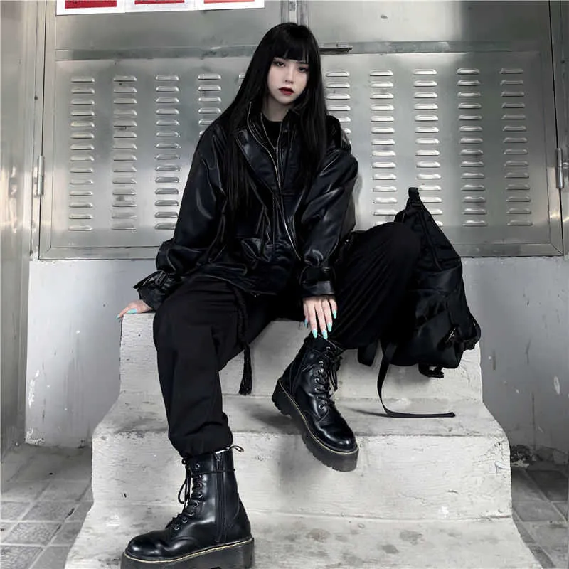Veste en cuir noir coréen femmes Harajuku conception Moto motard fermeture éclair femme printemps haute rue Streetwear Y2k 210604