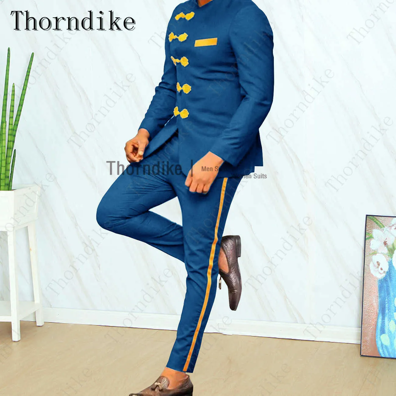 Thorndike classic design svart blå lila män kostym smal passform bröllop kostym för män brudgummen står krage smoking afrikansk bröllop slitage x0909