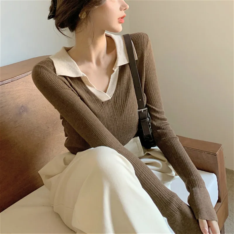 Kimutomo stickade tröjor kvinnor höst vinter kvinnlig nedbrytning krage svart lapptäcke all-match pullovers mode 210521