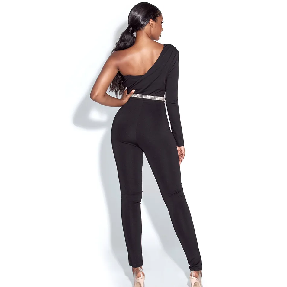 Winter Women Black Sequins Maxi Jumpsuits Sexy One Shoulder Long Sleeve& Full Pants Club Bodysuit Rompers Jumpsuit 210423