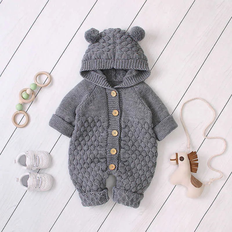 Bear Leader Kid Rompers Baby Girls Boys Clothing Autumn Winter Warm Outfits Hooded Solid Jumpsuit Cute Hairball Babies Costumes 210708