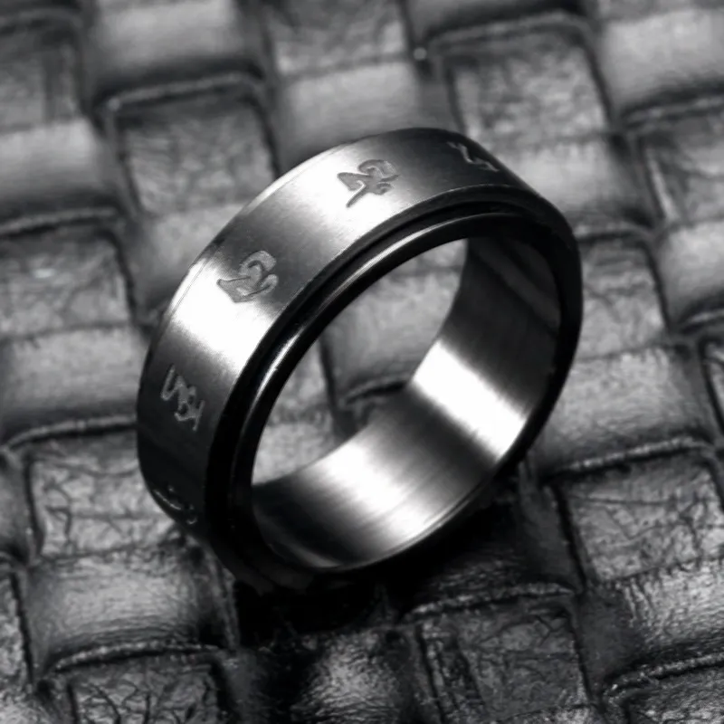 Spinner Letter Gegraveerde Ring, Fidget Ringen voor verlichten van angst, titanium staal zwart 8mm dikke spinner flesopener ring, maat 6-11,