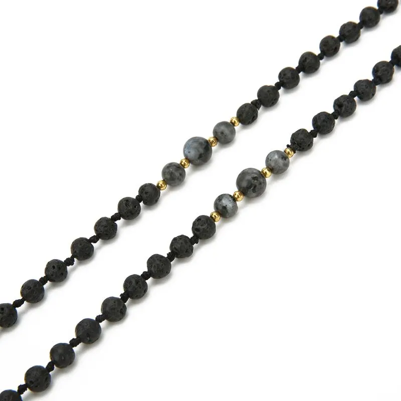 Mala pärlor 6mm vulkanisk sten knuten meditation semi-tidigare smycken män och kvinnor charm halsband hängande svart tofs hänge n328r