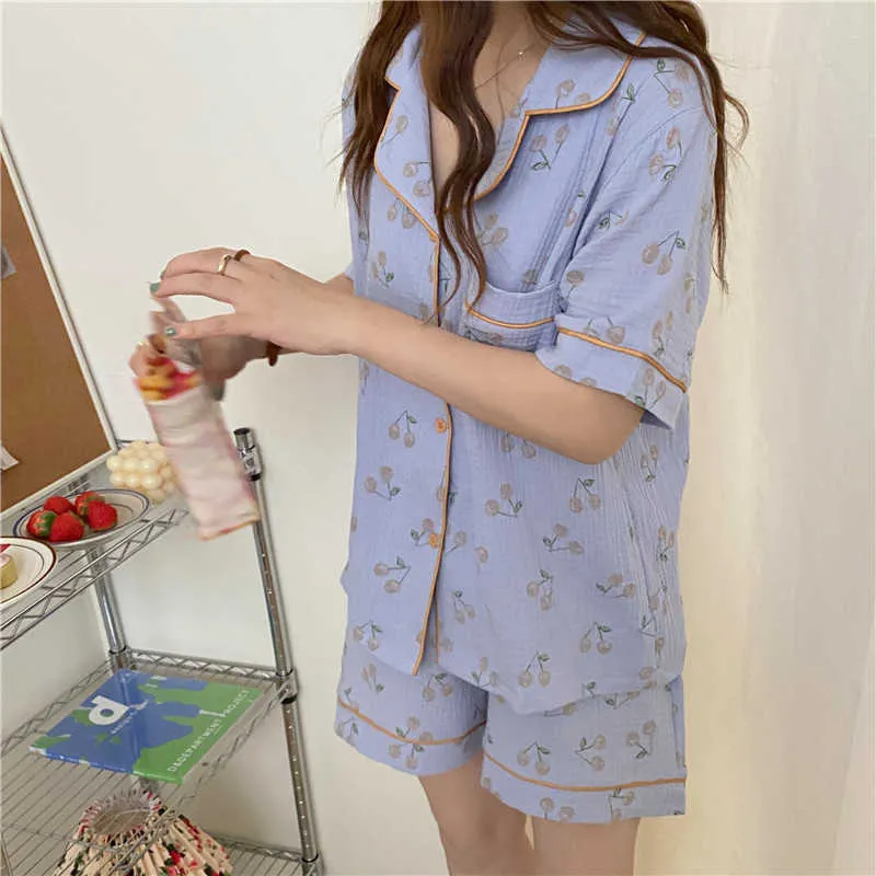 Cómodas niñas impresión delgada moda verano femme dulce casual algodón suave ropa de dormir pijamas sueltos conjuntos 210525