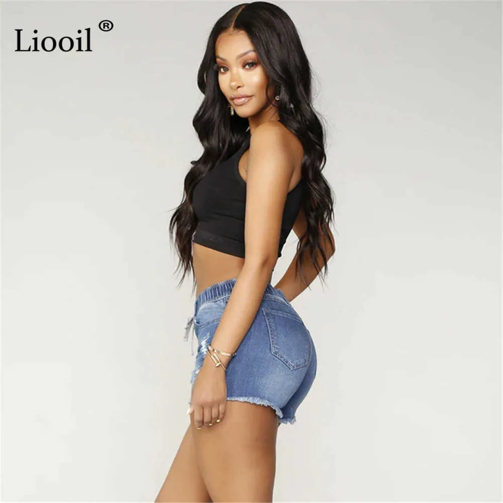 Liooil sexig rippad skinny denim shorts med fickor kvinnor sommar streetwear hög midja distressed bodycon hole jean 210719