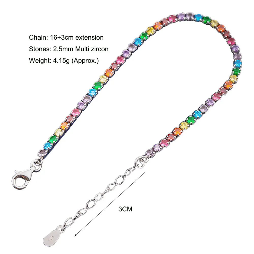 Braccialetto arcobaleno in vero argento 16 + 3 cm Catena da tennis Impostazione completa 2,5 mm Zircone a colori multipli Dolce gioielleria raffinata ragazza