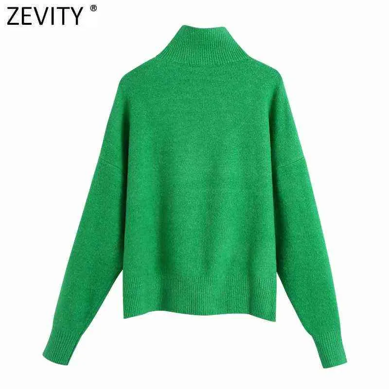 Zevity, suéter de punto informal de Color verde sólido con cuello falso para mujer, jerséis de manga larga básicos elegantes para mujer, Tops de marca SW900 211103