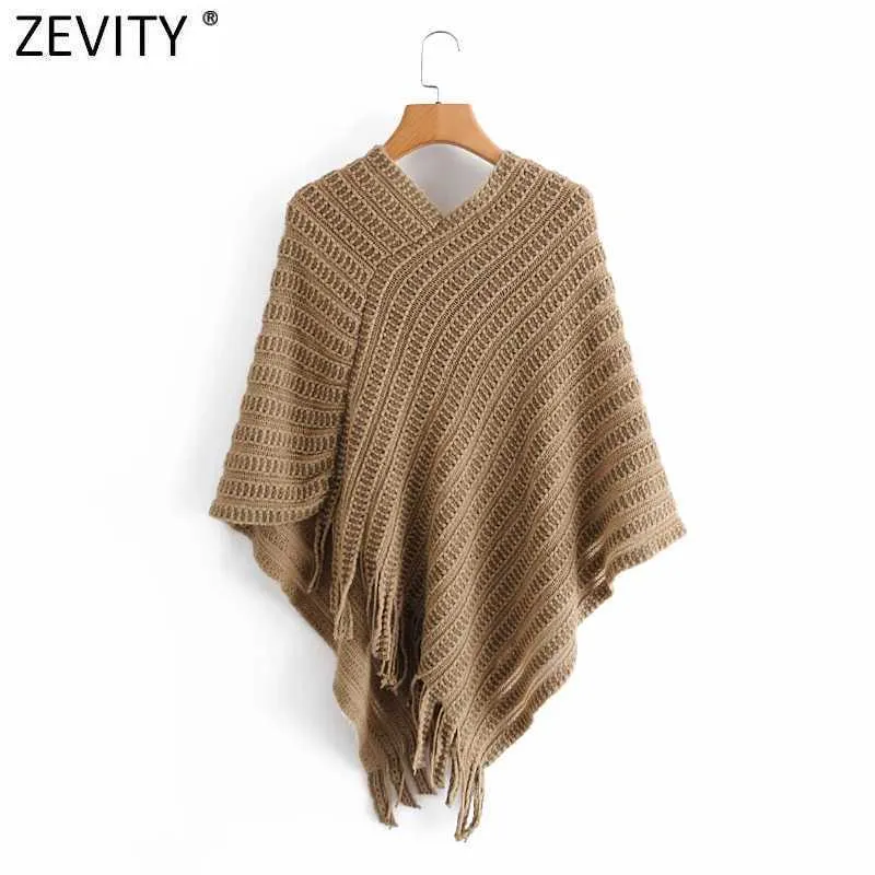 Zevity Womenファッション裾タッセルかぎ針編みのニットショールセーター女性パッチワークプルオーバーシックな中空アウトクロークトップスS531 210603