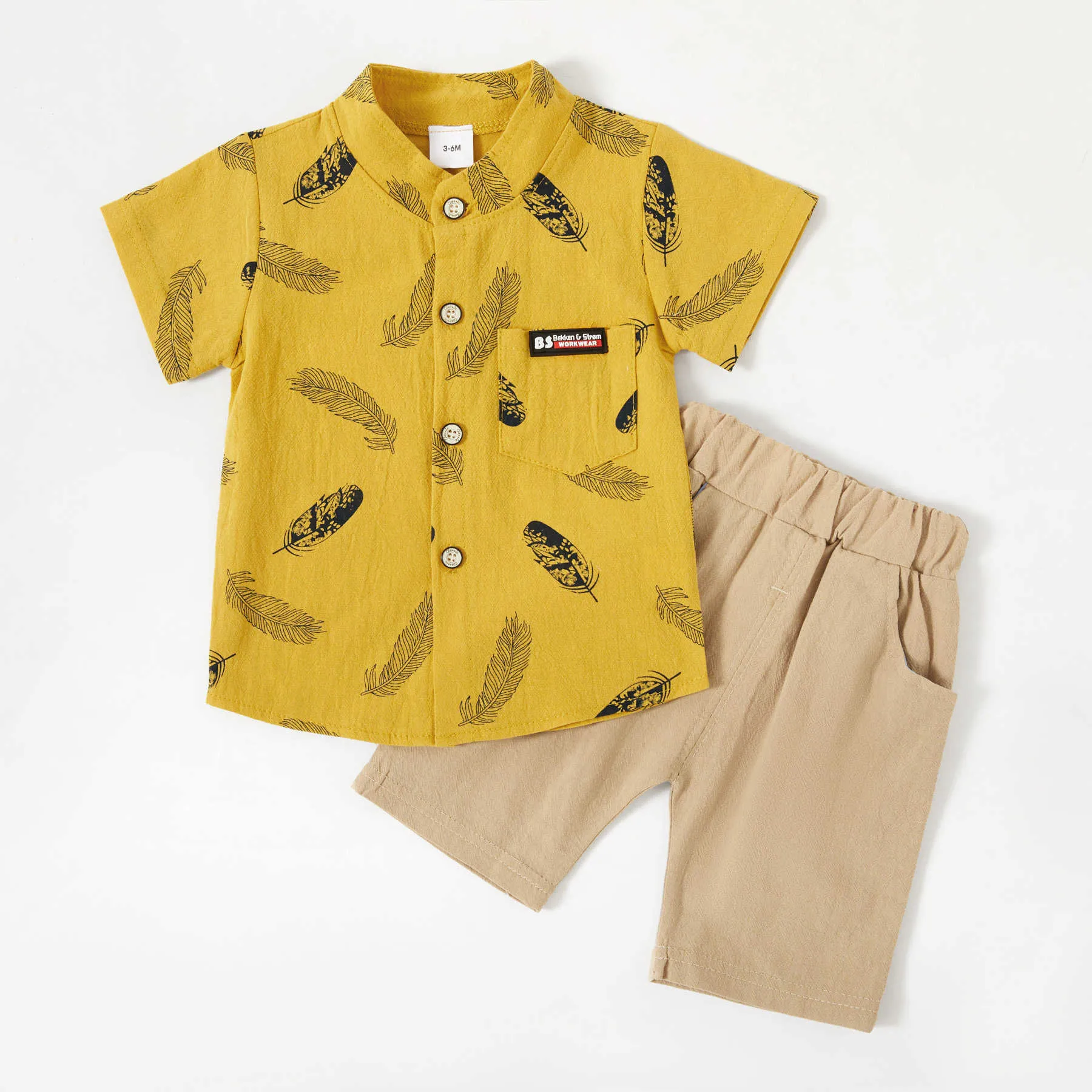 Conjunto de camisa y pantalón de manga corta con estampado de hojas 210528