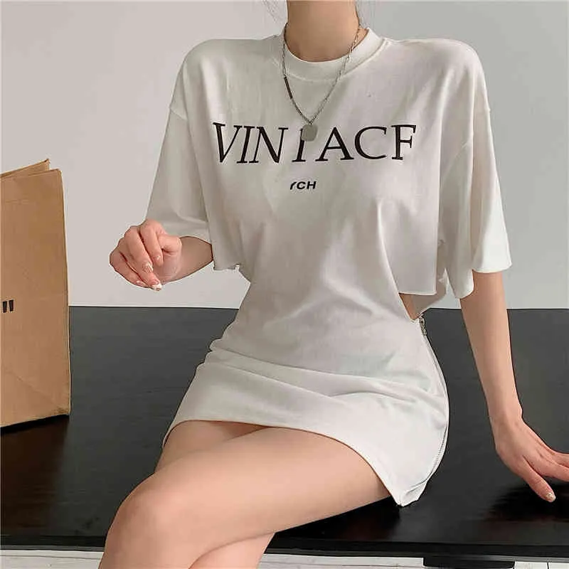 Korobov Yeni Yaz Mektup Baskı Beyaz Elbise Kore Kısa Kollu Kadın Elbiseler Vintage Seksi Oymak Robe Femme 210430