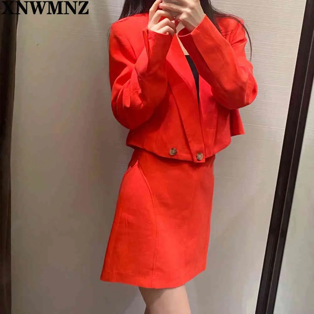 Frauen Mode Rot Leinen Mischung abgeschnitten Blazer Mantel Weibliche Sexy V-ausschnitt Langarm Zweireiher Top Chic Tops 210520