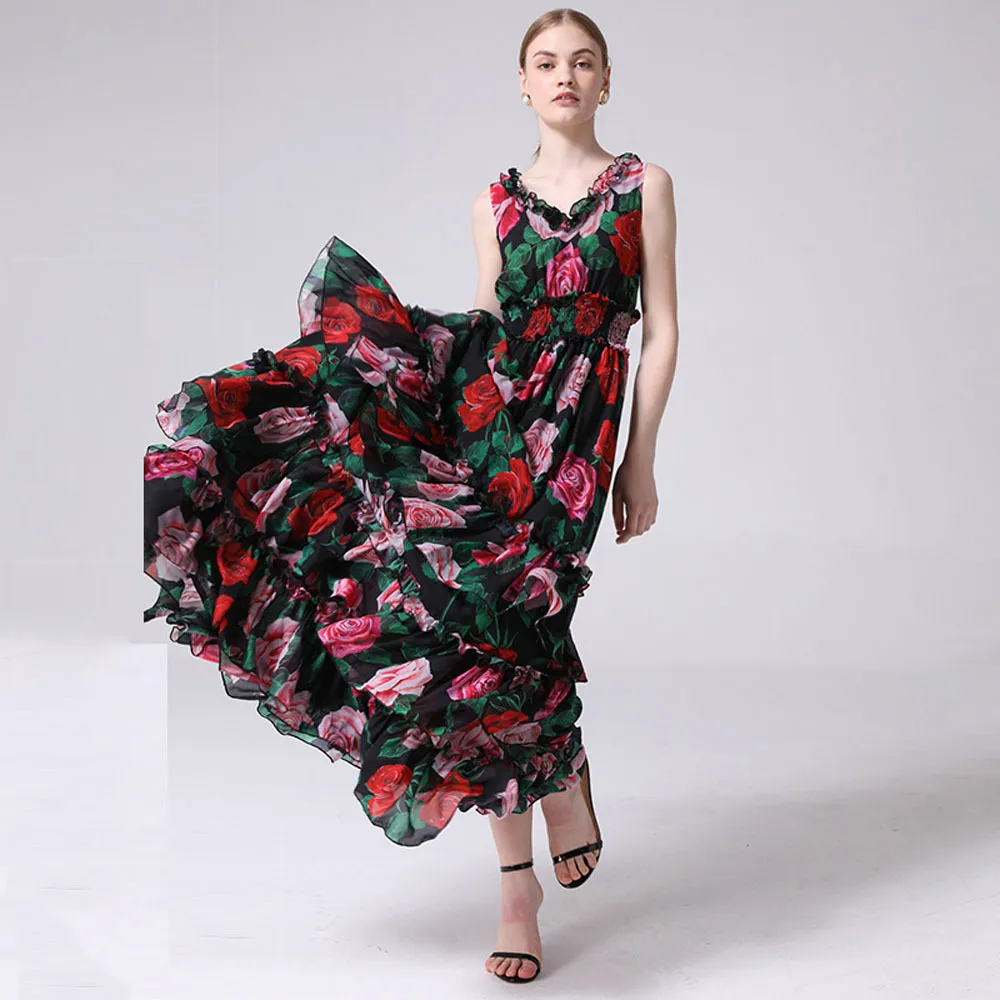 Été grande taille Maxi robe femmes taille élastique couche à plusieurs niveaux ourlet Rose imprimé fleuri Vintage élégant longue designer 210421