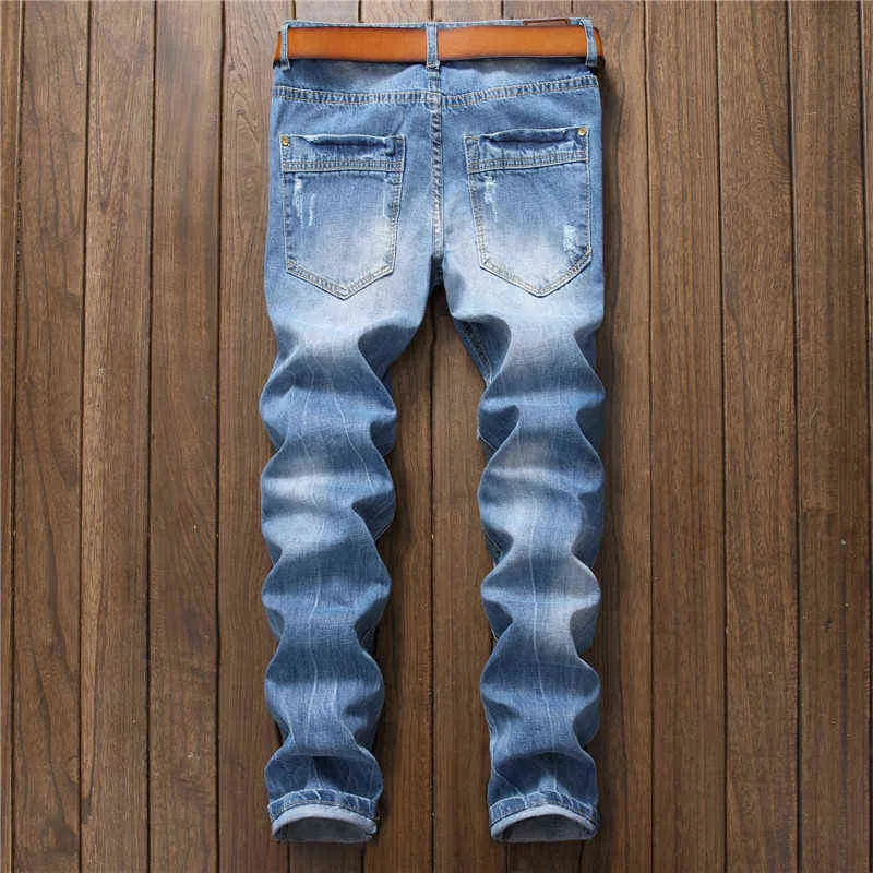 Casual Hommes Jeans Solide Slim Fit Pleine Longueur Crayon Pantalon Plus La Taille Bleu Clair Mode Denim pour Déchiré Pantalon Homme 211111