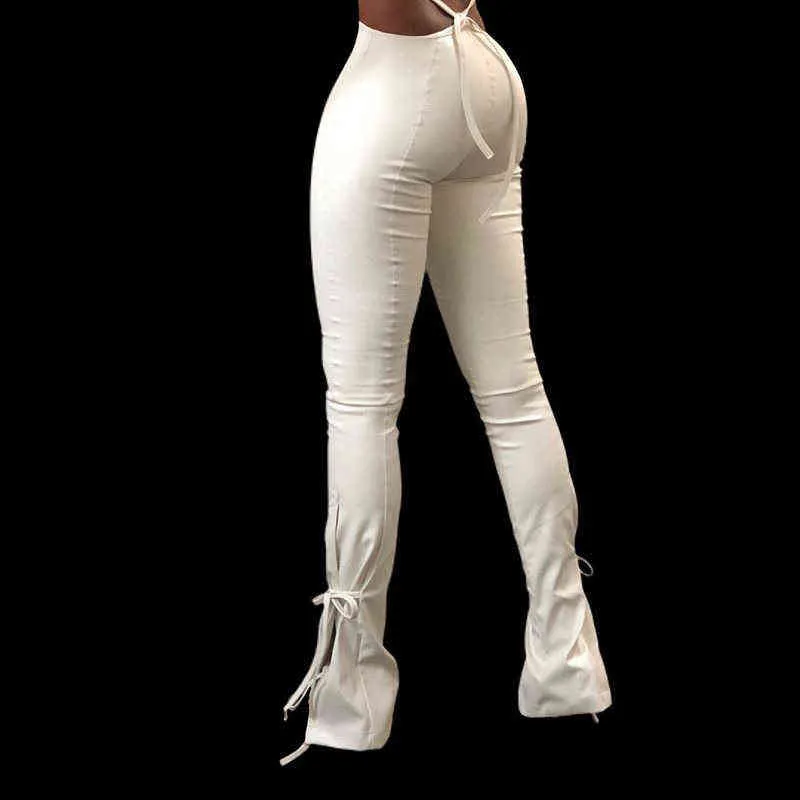 Cryptographique Blanc PU Faux Cuir Taille Haute Flare Leggings Femmes Pantalon Pantalon Serré De Noël Sexy Bandage Fitness Bas 211204