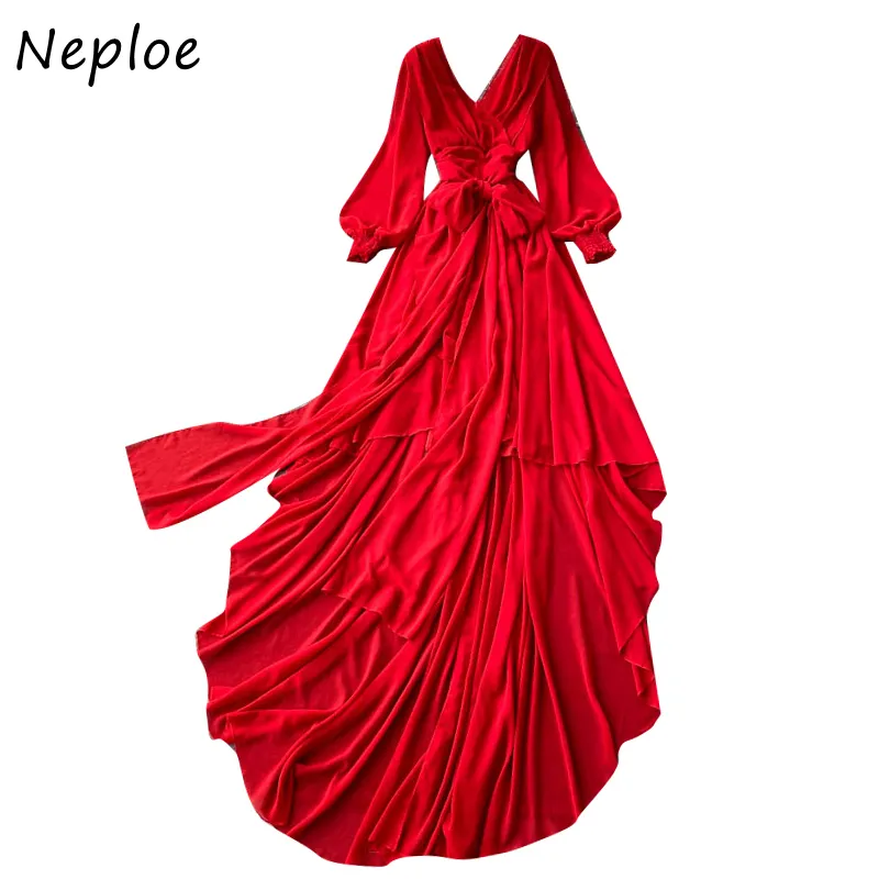 Neploe Red Temperament Long Dress Women High Waist Hip Long Slim Vestdidos Summer Bohemian Holiday Robe 210510