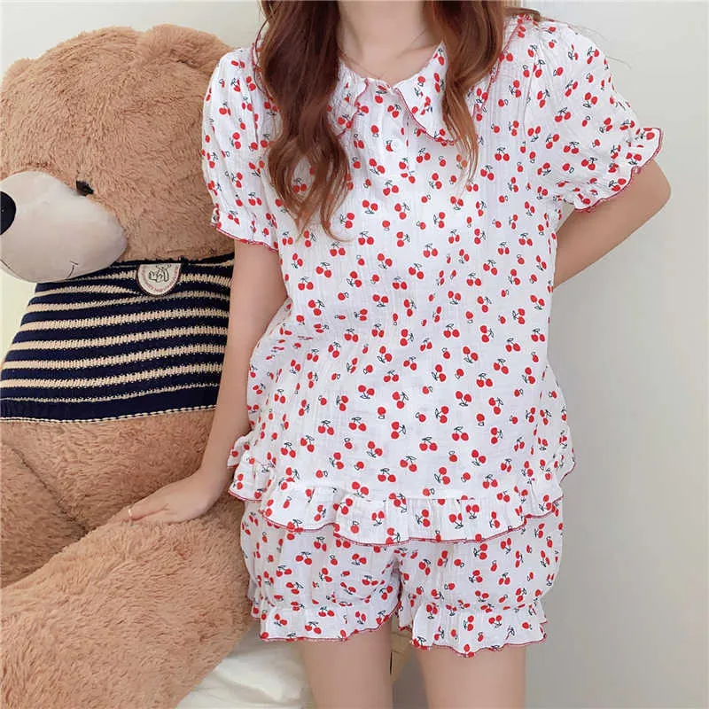 Pijama de algodão de verão Print Cherry Print Two Peça Suits elegante Sleepwear Mulheres Femme Home Chic Sets Soltos 210525