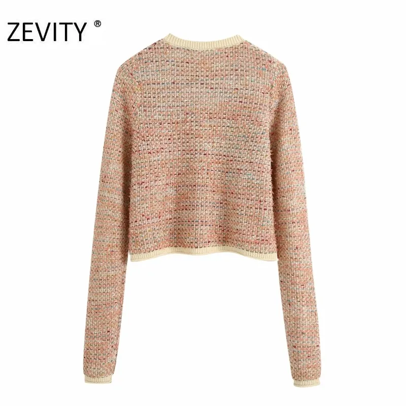 Zevity New Womenファッションoネックパッチワーク編み物セーターコート女性長袖ダイヤモンドブレストコートカジュアルシックトップスCT580 210419