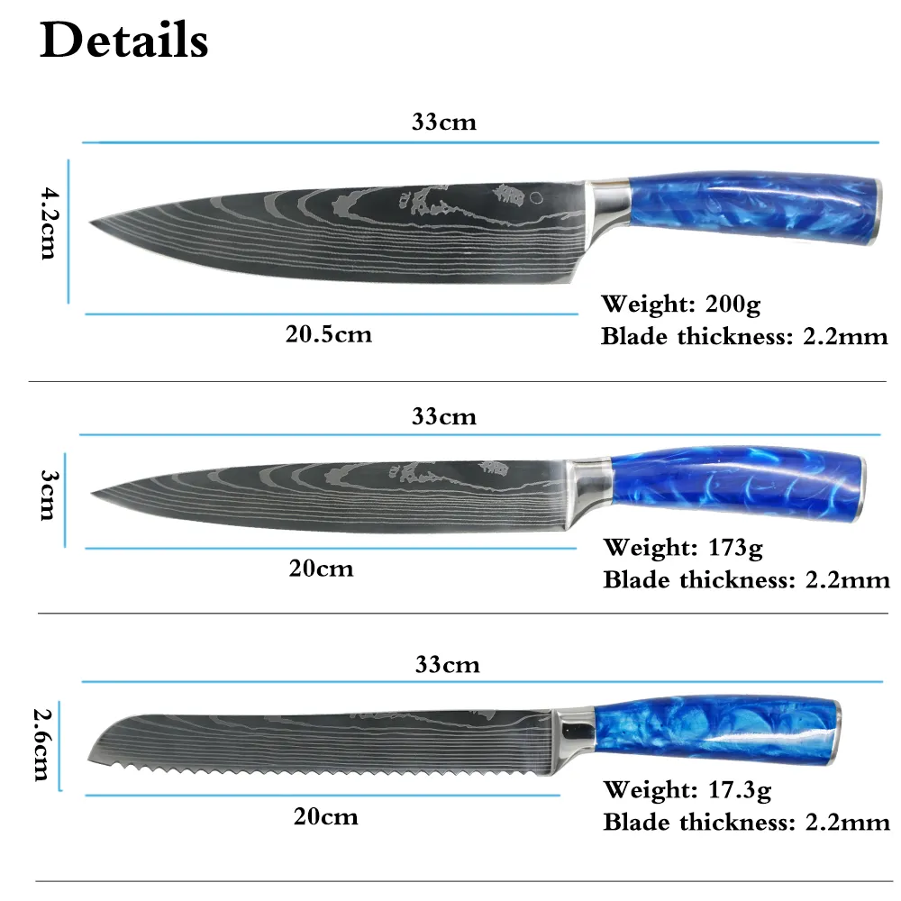 Küchenmesser-Set, blauer Harzgriff, Chefkoch, LNIFE, Laser, EAMASCUS-Muster, japanisches Edelstahl-Santoku-Hackmesser, Schneidewerkzeuge223M