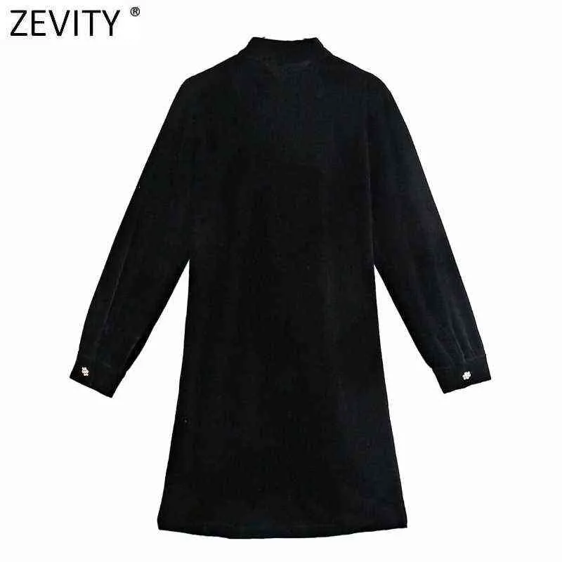 Zeveity 2021 Женщины стоят воротник алмазные кнопки украшения повседневные тонкие черные бархатные платья женские шикарные вечеринка линия Vestido DS5051 Y1204