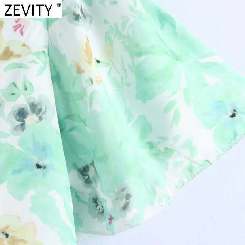 Zevity المرأة الحلو الأزهار طباعة الأخضر سموك بلوزة أنثى الخامس الرقبة المتتالية كشكش قميص شيك قصيرة الأكمام blusas قمم LS9367 210603
