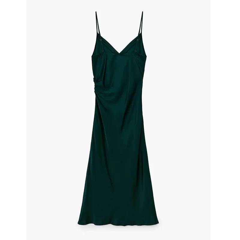 Vuwwyv Green Satin Slip Klänningar För Kvinnor Sommar Sexig Backless Party Midi Klänning Kvinna Draped Camisole Ladies Vestidos 210430