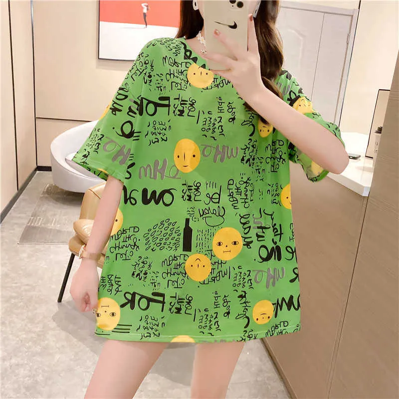 Gcarol Summer Women Cartoon Long T-shirt Förstoringar Bokstäver Graffiti Multi-Printed Cute Stretch Streetwear Tees Plus Size XL 210720