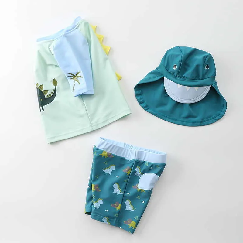 Sommar Baby Boys Badkläder 3-PCs Set Cartoon Dinosaur + Swimming Trunks + Badlock Baddräkt Barnkläder E1051 210610