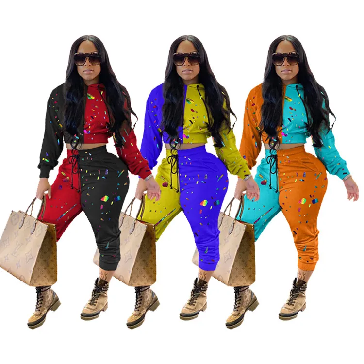 Färgglada tryckta joggare Kvinnor TRACKSUIT Outfits Långärmad Top Tunika och Baggy Pants Lounge Wear Street Fashion Sets 210525