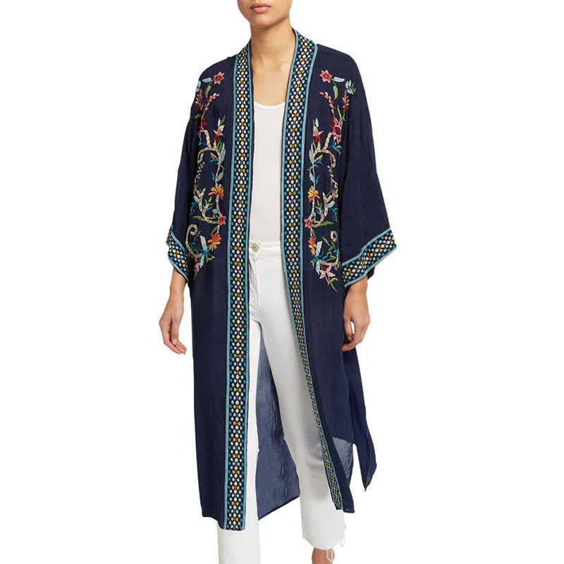 Kwiatowy Haftowany Front Open Długi Kimono Cardigan Plus Size Navy Blue Tunic Kobiety Topy i Bluzki Koszule Q11 210722