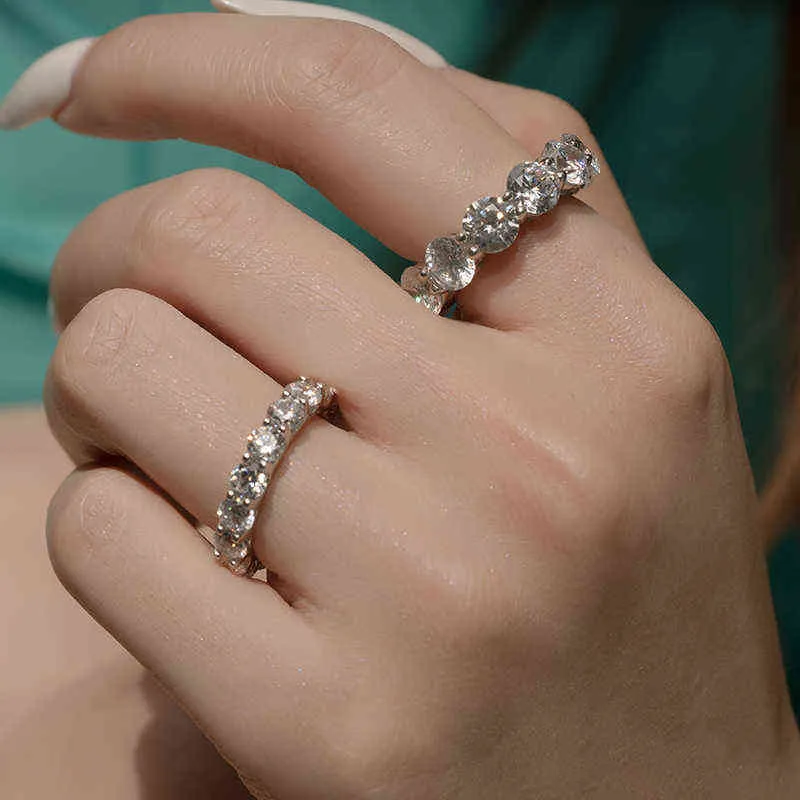 Anziw 925 Стерлингового серебра Стерлингового серебра Полное кольцо для женщин Sona Simulated Diamond Overagement Wedding Band 211217