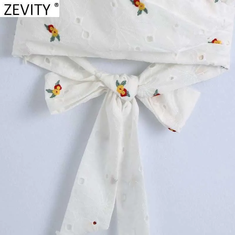 Zevity Women Sweet Cross Vネック中空アウト花刺繍ショートスモックブラウス女性裾蝶ネクタイシャツシッククロップトップスLS9265 210603