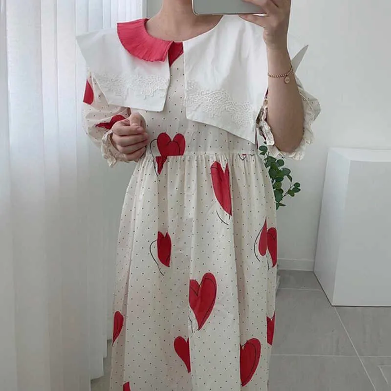 Korejpaa Kadınlar Elbise Yaz Retro Dantel Tığ Büyük Yaka Kontrast Renk Dikiş Gevşek Aşk Baskılı Puf Kol Vestidos 210526