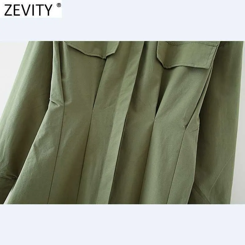 Zevity Women Pockets Patch Prest Plest Shirtdress女性長袖カジュアルスリムビジネスA線Vestidos DS4651 210603