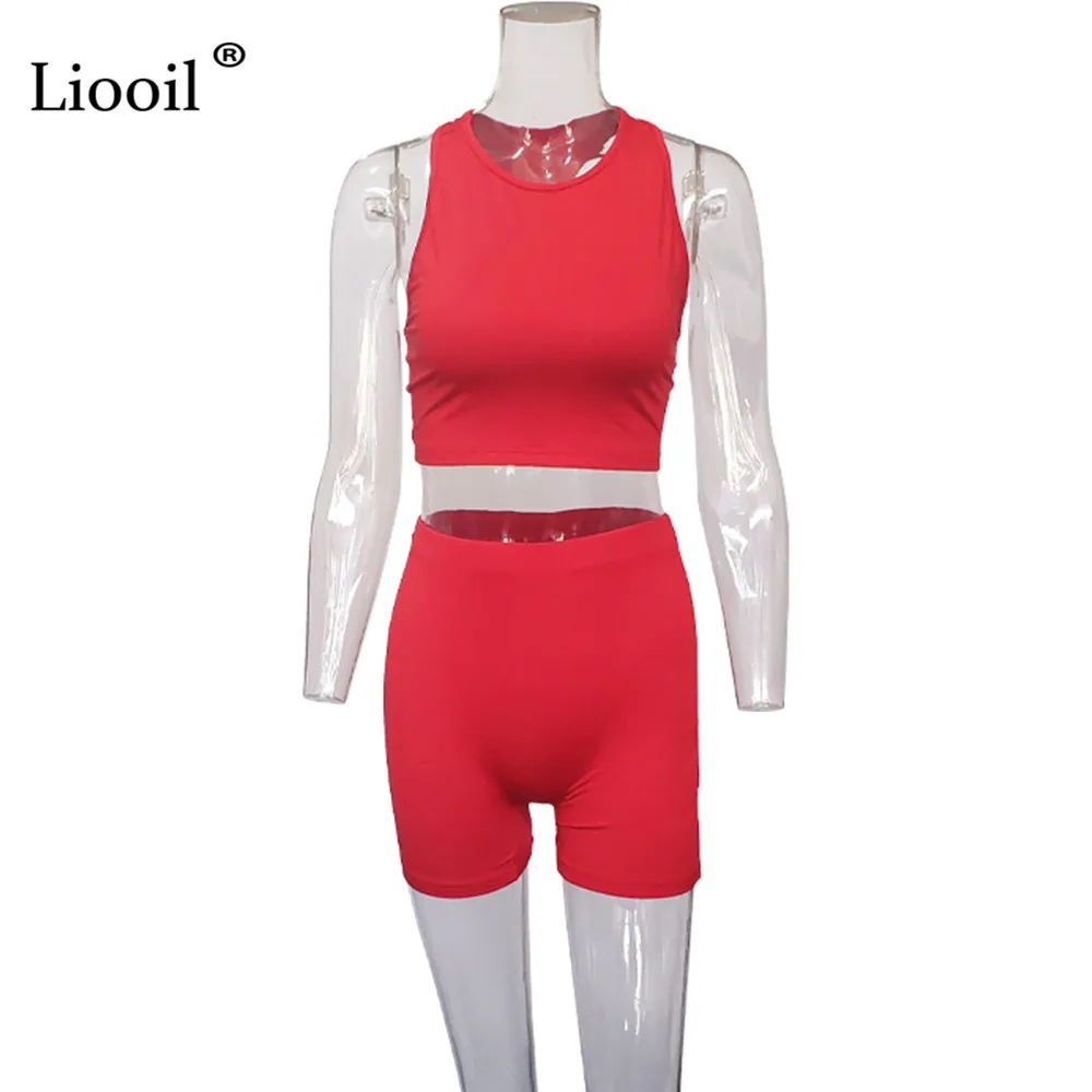 Liooil Two Piece Tight Outfits Set Sexy Tank Tops And Shorts 2021 Sleeve O Neck Women Tracksuits Jogger Suit Black Red Sets X0428