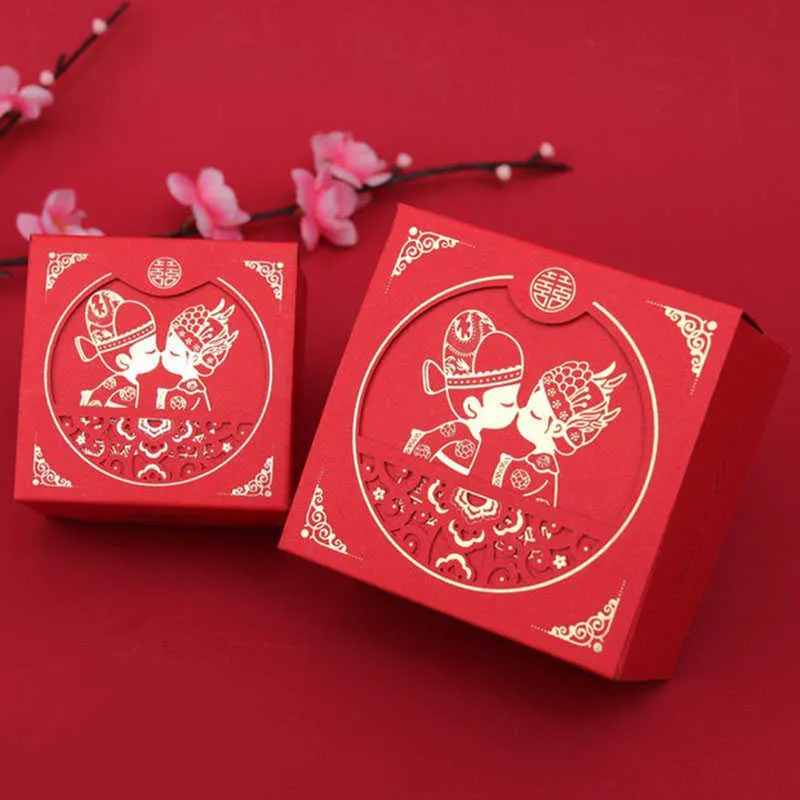 Chinese Aziatische Stijl Rood Dubbel Geluk Bruiloft Gunsten en geschenken box pakket Bruid Bruidegom party Snoep 50 stks 2108051715156