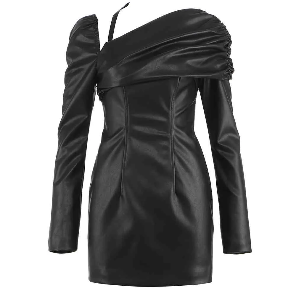 Free Women Chic PU Faux Leather Dress Oblique Collar Puff Sleeve Bodycon Draped Club Night Party Vestido 210524