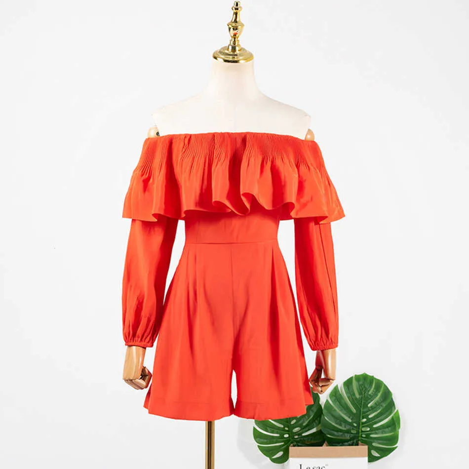 Women's Orange Ruffle Jumpsuit Casual Sexy Top Halter Long Sleeve Summer Ladies' Short 210527