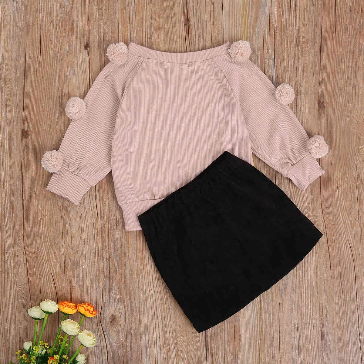 6M-6Y Herbst Frühling Kleinkind Baby Kind Mädchen Gestrickte Kleidung Set Pom Langarm Pullover Röcke Kind Outfits 210515