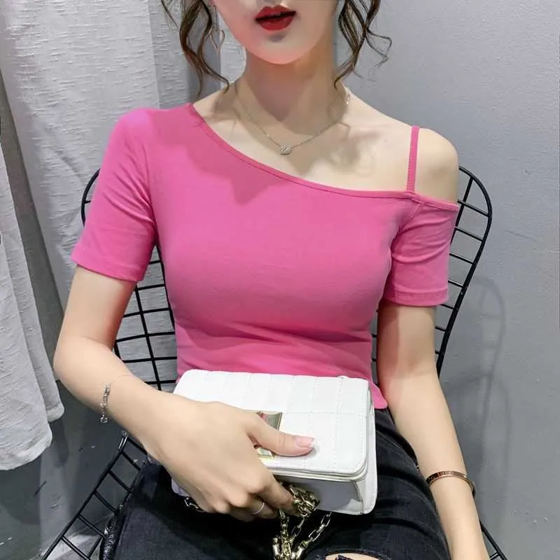 summer woman tshirts irregular off-shoulder short-sleeved tops design sense tight-fitting stretch sexy slim fashio 210604