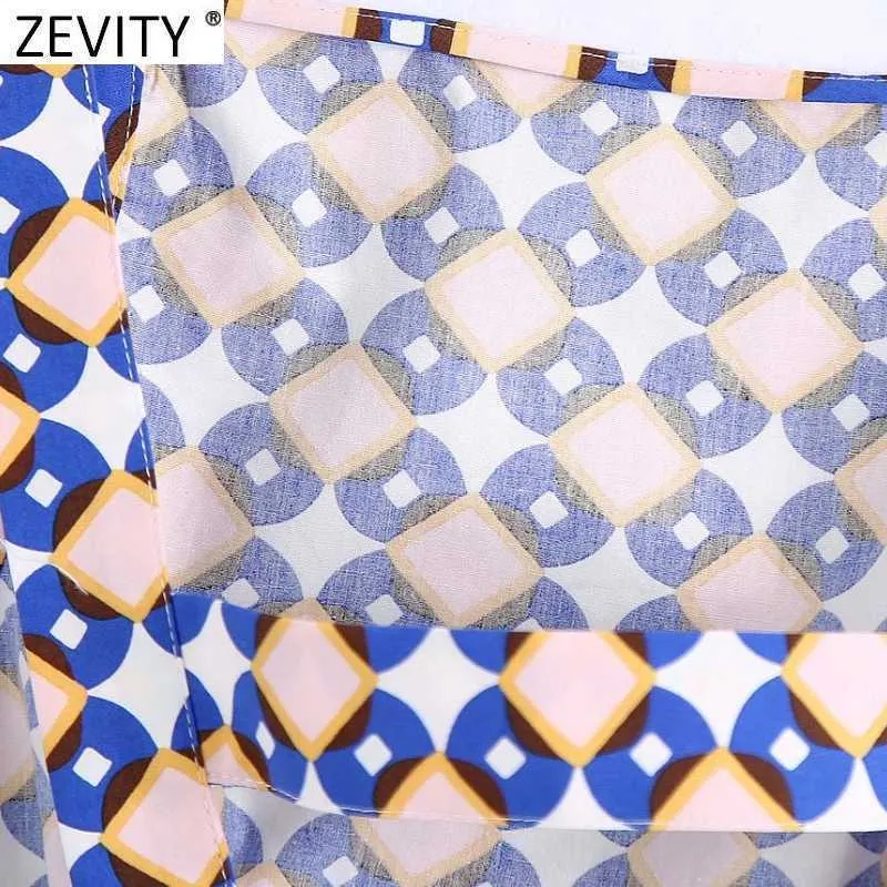 ZEVITY Kadınlar Vintage Geometrik Baskı Kısa Sling Gömlek Bayanlar Seksi Backless Yay Bağlı Bluz Roupas Chic Mahsul Blusas Tops LS9393 210603